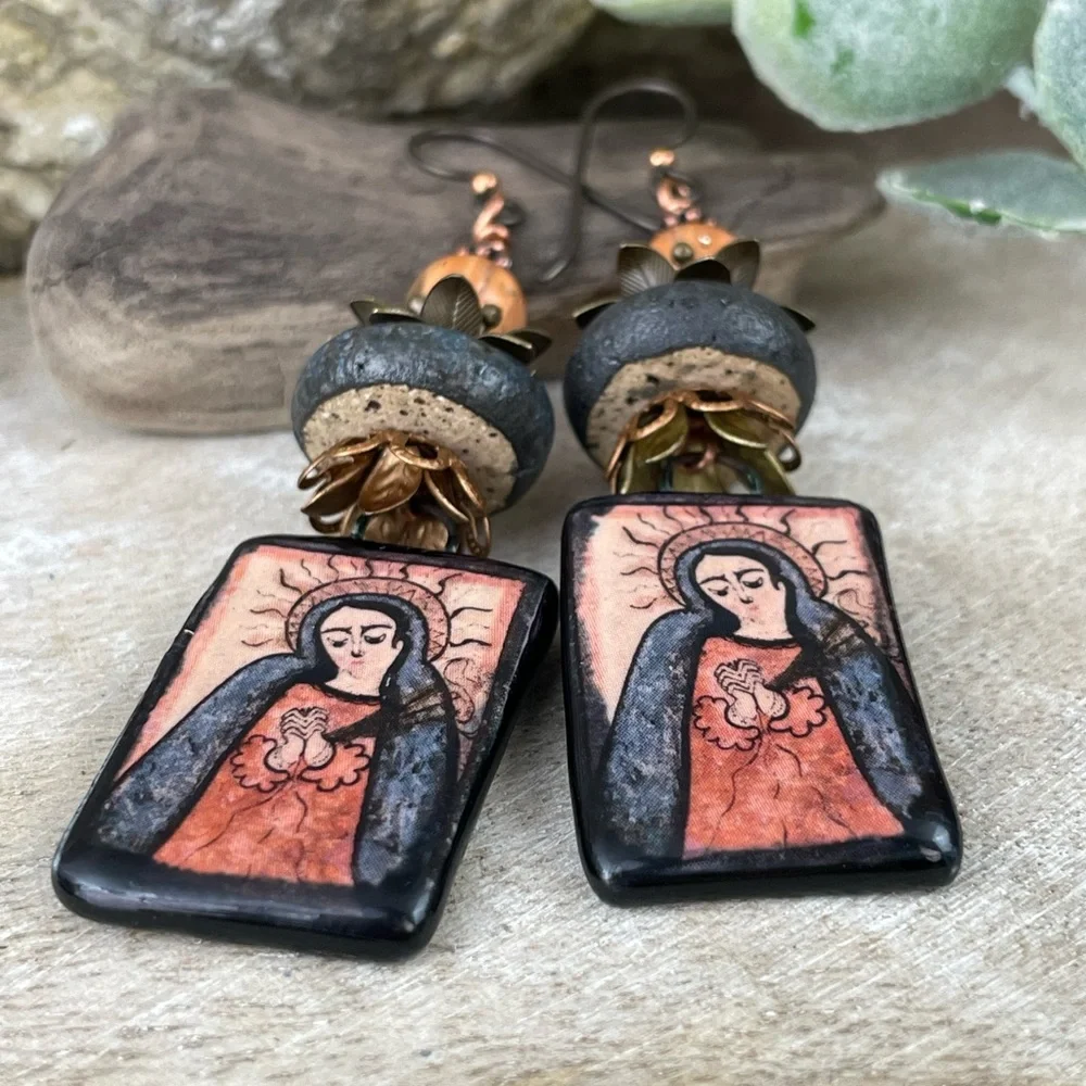 Ceramic charms statement earrings, our lady of sorrow charm earrings - Picture 4 of 5